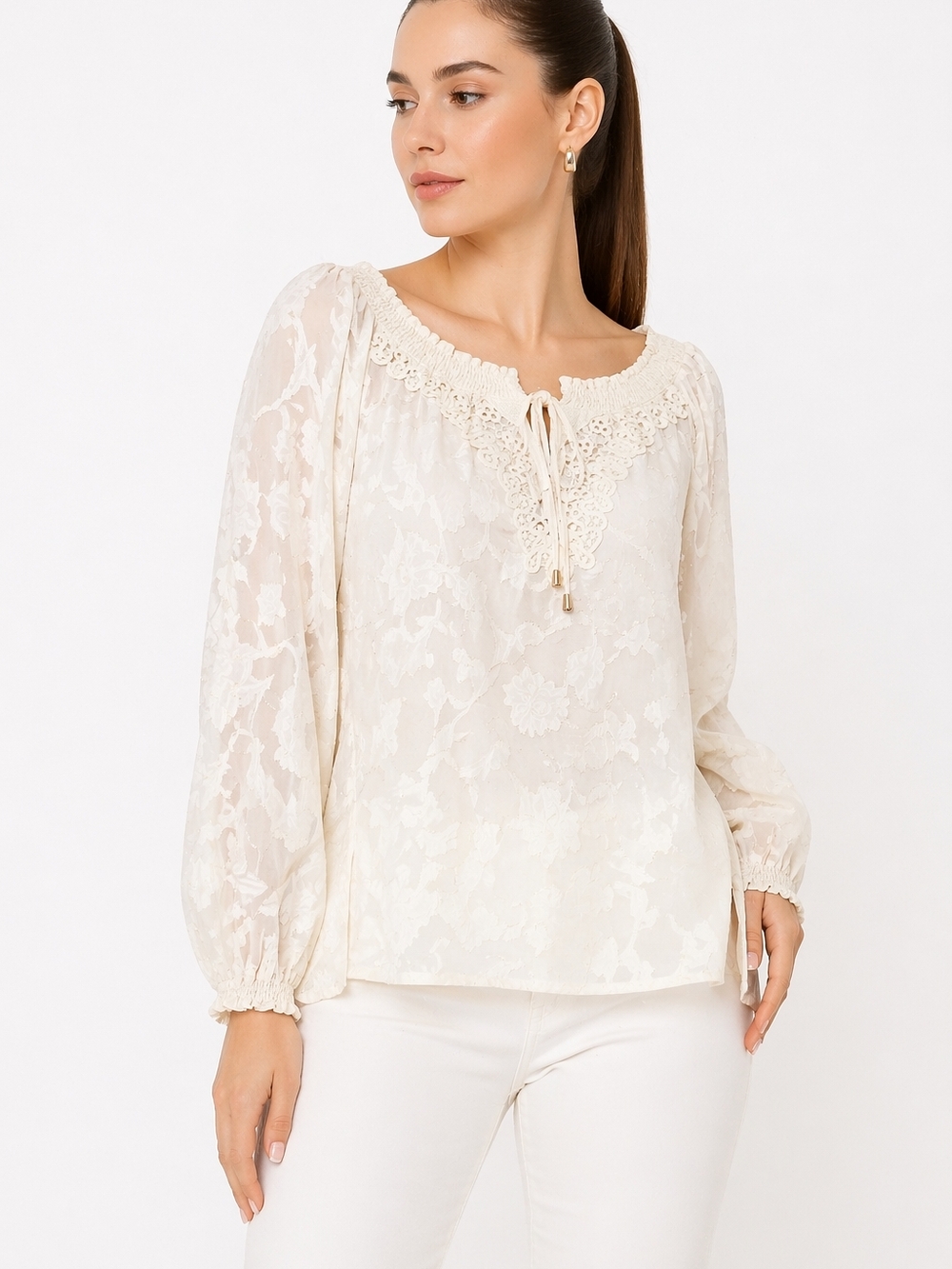 Sheilay Cream Floral Lace Off Shoulder Blouse Size M Boho Peasant Top.